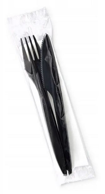 Zestaw Sztućców KONFEKCJA czarny - widelec + nóz + serwetka   25szt.
