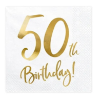 Serwetki - Urodzinowe  33x33cm  op.20 szt.  białe, 50th Birthday
