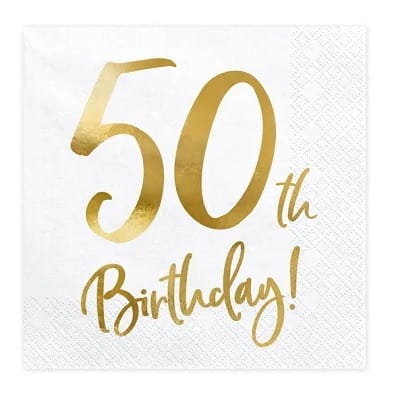 Serwetki - Urodzinowe  33x33cm  op.20 szt.  białe, 50th Birthday
