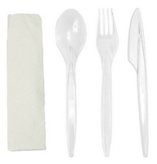 Zestaw sztućców transparent - widelec + nóż + łyżka + serw.  op.300 szt. AT
(wielokrotnego użytku)