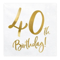 Serwetki - Urodzinowe  33x33cm  op.20 szt.  białe, 40th Birthday