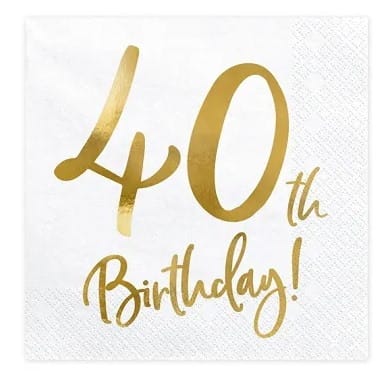 Serwetki - Urodzinowe  33x33cm  op.20 szt.  białe, 40th Birthday