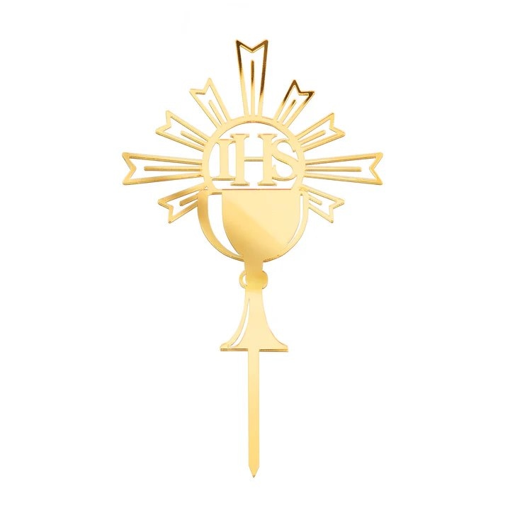Topper na tort;  Komunia święta IHS Kielich lustrzany - złoty, 14cm
