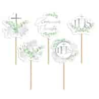 Topper do babeczek  Komunia święta - eukaliptus srebrny  op.5 szt.
