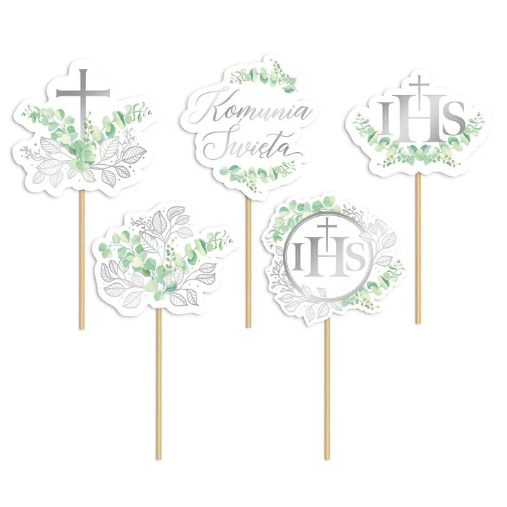 Topper do babeczek  Komunia święta - eukaliptus srebrny  op.5 szt.