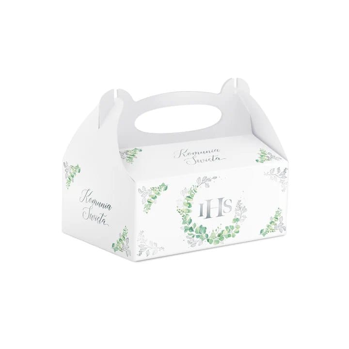 Pudełko na ciasto  Komunia święta eukaliptus srebrny; 19x18x14cm  op.10 szt.