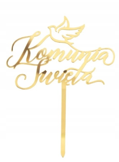 Topper na tort;  Komunia Święta Gołąbek lustrzany - złoty