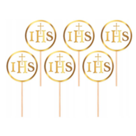 Topper na tort;  Komunia Święta IHS biało-złoty  4,5cm  a'6