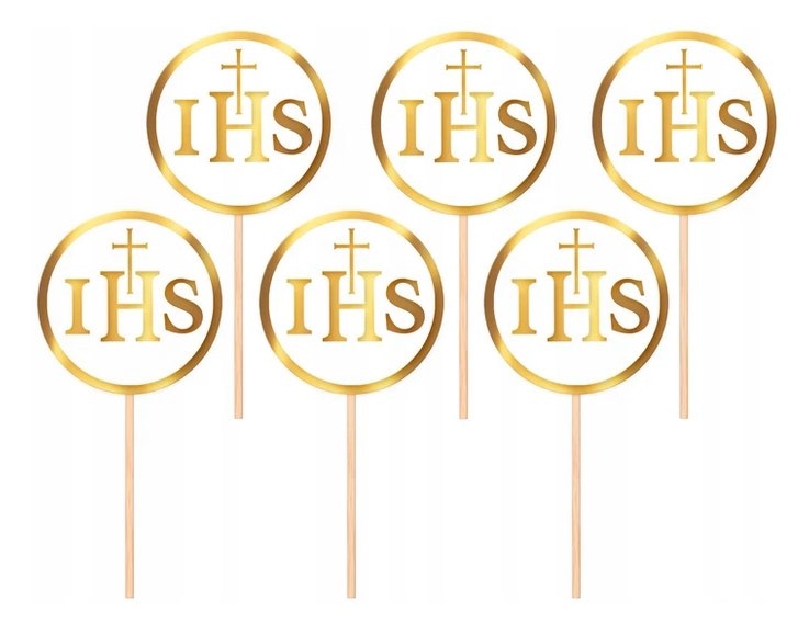 Topper na tort;  Komunia Święta IHS biało-złoty  4,5cm  a'6