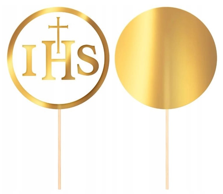 Topper na tort;  Komunia Święta IHS biało-złoty  13cm