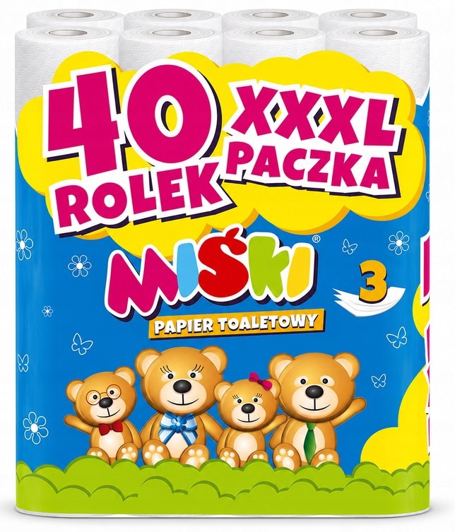 Papier toalet. biały MIŚKI  op.40 rolek  3-warst.  w folii  worek