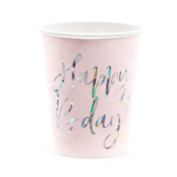 Kubek papier. 220ml  op.6 szt. powl.- Happy B'day! pudrowy róż