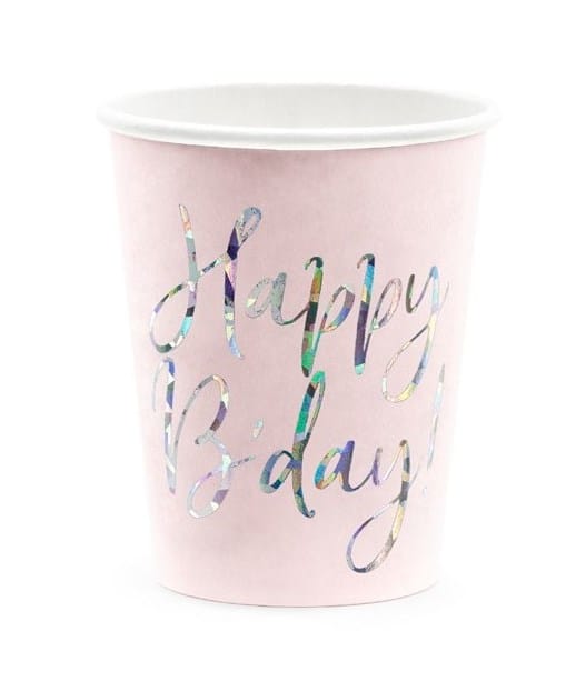 Kubek papier. 220ml  op.6 szt. powl.- Happy B'day! pudrowy róż