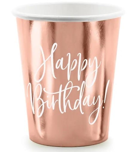 Kubek papier. 260ml  op.6 szt. powl. - Happy Birthday, różowe złoto