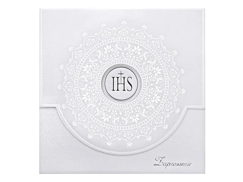 Zaproszenie - Komunia święta, z ornamentem, białe  op.10 szt.